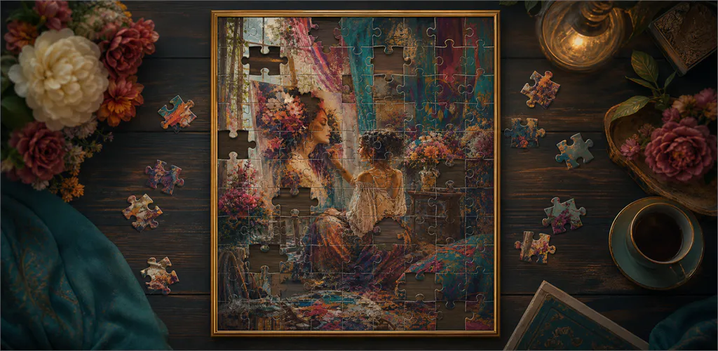 A framed, partially completed art jigsaw puzzle on a richly decorated table
