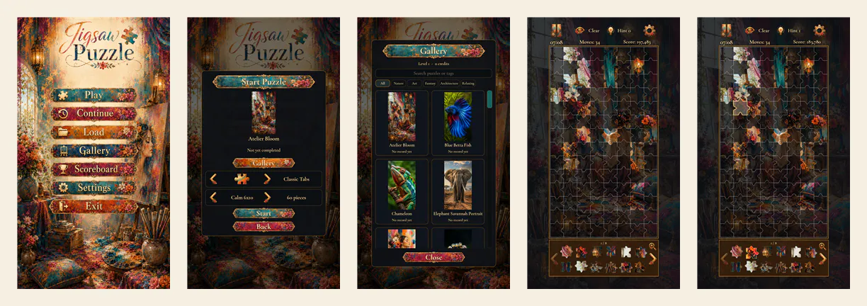 Jigsaw Puzzle: Serene Art title screen, puzzle setup, gallery, and in-game puzzle views